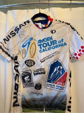 Pearl Izumi White Blue Red Cycling Jersey with Multicolor Accents